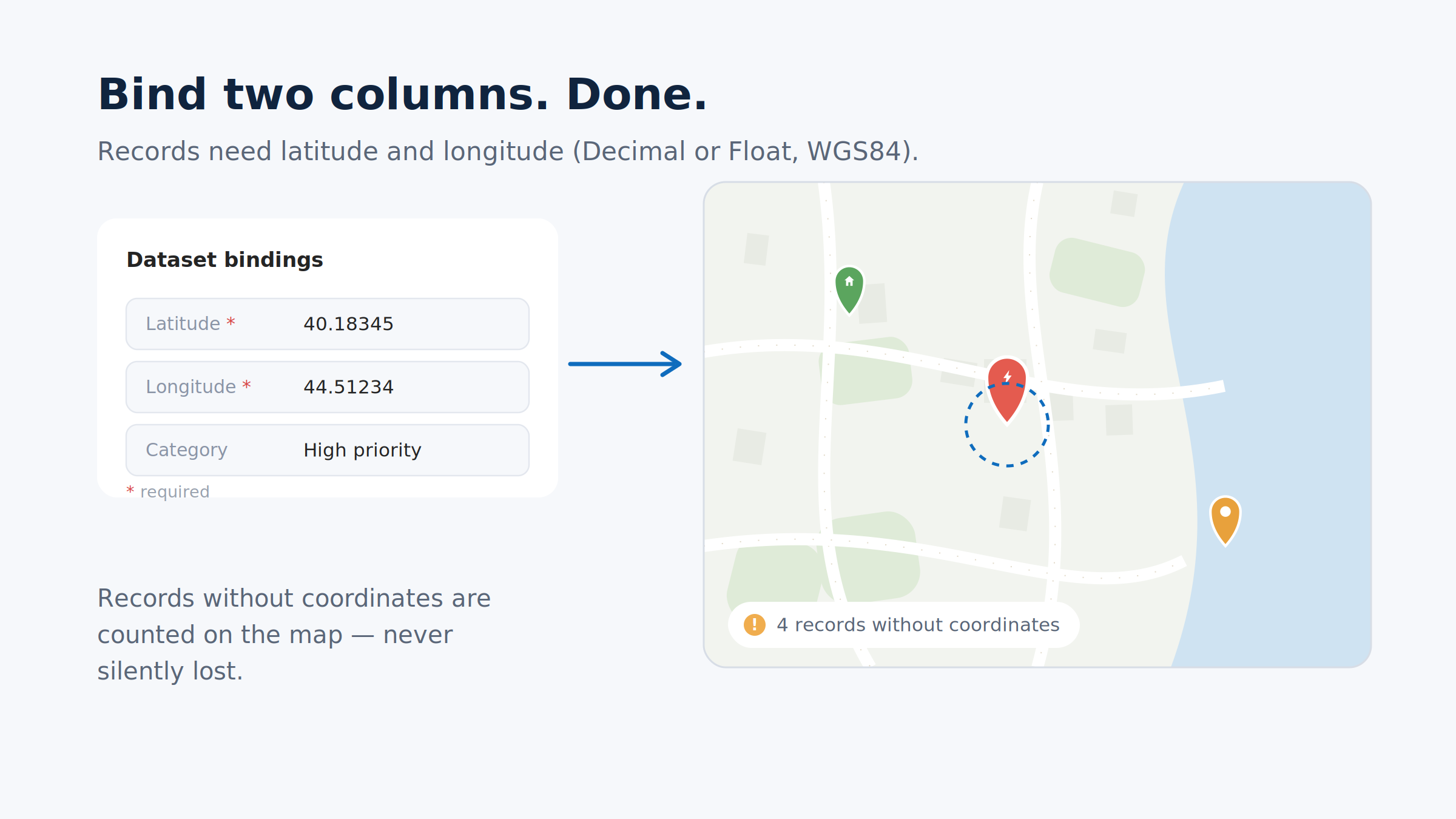Map View - latitude and longitude dataset bindings with an on-map indicator for records without coordinates